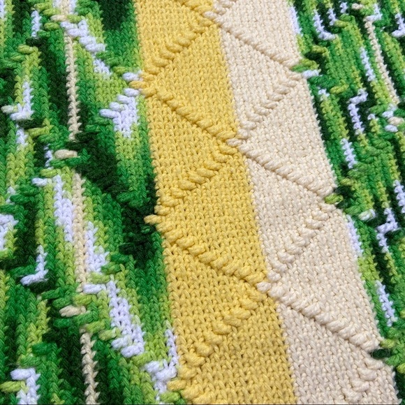Vintage Handmade Crocheted Yellow, Green & White Striped Blanket With Fringe - Picture 5 of 9